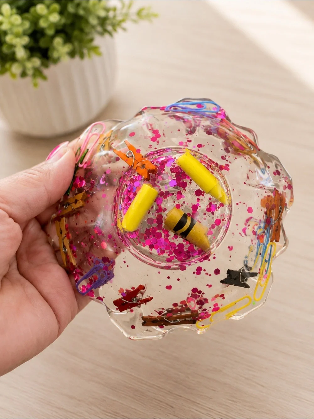 Clear Resin Decorative Bowl with Pink Confetti and Multicolor Accents
